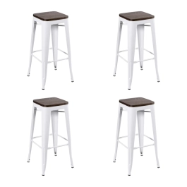 Kit com 4 Banquetas altas Iron Tolix com assento de madeira rústica escura - 76 cm - Branco