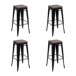 Kit com 4 Banquetas altas Iron Tolix com assento de madeira rústica escura - 76 cm - Preto