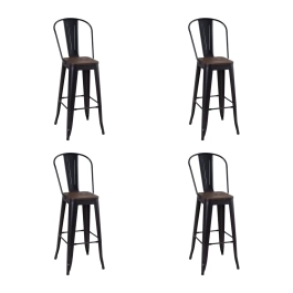 Kit com 4 Banquetas altas Iron Tolix com encosto alto e assento de madeira - Preto - Madeira rústica escura