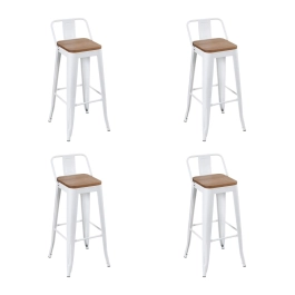 Kit com 4 Banquetas altas Iron Tolix com encosto e assento de madeira rústica clara 76 cm - Branco