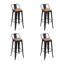 Kit com 4 Banquetas altas Iron Tolix com encosto e assento de madeira rústica clara 76 cm - Preto