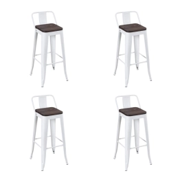 Kit com 4 Banquetas altas Iron Tolix com encosto e assento de madeira rústica escura - Branco