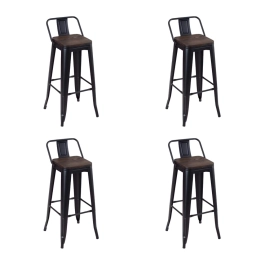 Kit com 4 Banquetas altas Iron Tolix com encosto e assento de madeira rústica escura - Preto