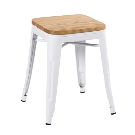 Kit com 4 Banquetas baixas Iron Tolix com assento de madeira rústica clara 45 cm - Branco Kit com 4 Banquetas baixas Iron Tolix com assento de madeira rústica clara 45 cm - Branco