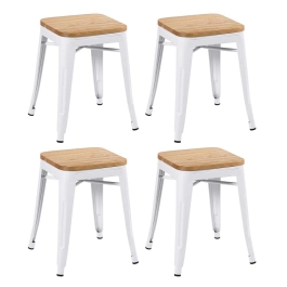 Kit com 4 Banquetas baixas Iron Tolix com assento de madeira rústica clara 45 cm - Branco