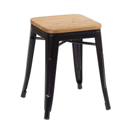 Kit com 4 Banquetas baixas Iron Tolix com assento de madeira rústica clara 45 cm - Preto