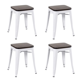 Kit com 4 Banquetas baixas Iron Tolix com assento de madeira rústica escura - Branco