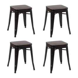 Kit com 4 Banquetas baixas Iron Tolix com assento de madeira rústica escura - Preto