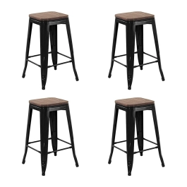 Kit com 4 Banquetas Iron Tolix com assento de madeira rústica escura - 66 cm - Preto