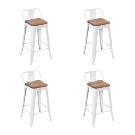 Kit com 4 Banquetas Iron Tolix com encosto e assento de madeira rústica clara 61 cm - Branco