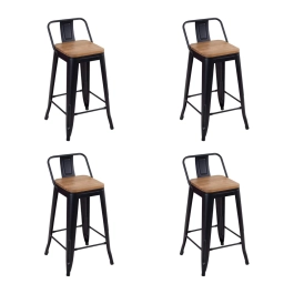 Kit com 4 Banquetas médias Iron Tolix com encosto e assento de madeira rústica clara 66 cm - Preto