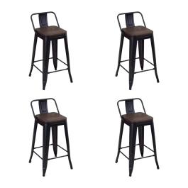 Kit com 4 Banquetas médias Iron Tolix com encosto e assento de madeira rústica escura 66 cm - Preto