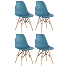 Kit com 4 Cadeiras Charles Eames Eiffel DSW em Polipropileno com Base Madeira - Turquesa