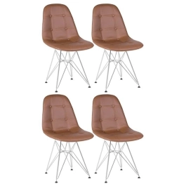 Kit com 4 Cadeiras estofadas Charles Eames Eiffel Botonê DKR com pés de metal cromado - Marrom
