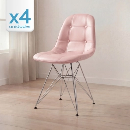 Kit com 4 Cadeiras estofadas Charles Eames Eiffel Botonê DKR com pés de metal cromado - Rosa claro