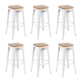 Kit com 6 Banquetas altas Iron Tolix com assento de madeira rústica clara 76 cm - Branco