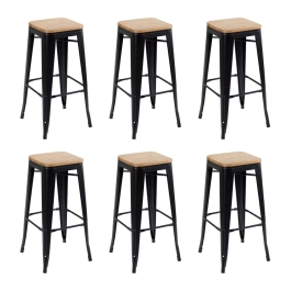 Kit com 6 Banquetas altas Iron Tolix com assento de madeira rústica clara 76 cm - Preto