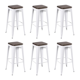 Kit com 6 Banquetas altas Iron Tolix com assento de madeira rústica escura - 76 cm - Branco