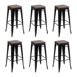 Kit com 6 Banquetas altas Iron Tolix com assento de madeira rústica escura - 76 cm - Preto