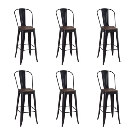 Kit com 6 Banquetas altas Iron Tolix com encosto alto e assento de madeira - Preto - Madeira rústica escura