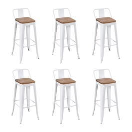 Kit com 6 Banquetas altas Iron Tolix com encosto e assento de madeira rústica clara 76 cm - Branco