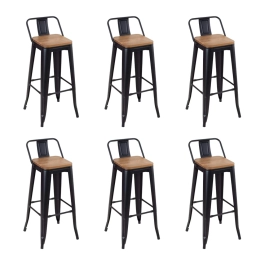 Kit com 6 Banquetas altas Iron Tolix com encosto e assento de madeira rústica clara 76 cm - Preto