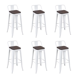 Kit com 6 Banquetas altas Iron Tolix com encosto e assento de madeira rústica escura - Branco