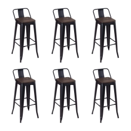 Kit com 6 Banquetas altas Iron Tolix com encosto e assento de madeira rústica escura - Preto