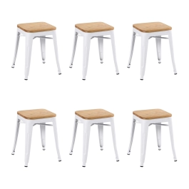 Kit com 6 Banquetas baixas Iron Tolix com assento de madeira rústica clara 45 cm - Branco