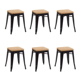 Kit com 6 Banquetas baixas Iron Tolix com assento de madeira rústica clara 45 cm - Preto