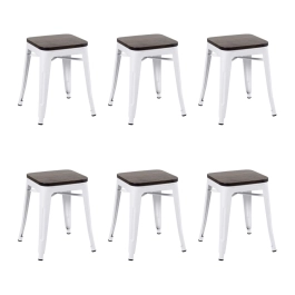 Kit com 6 Banquetas baixas Iron Tolix com assento de madeira rústica escura - Branco