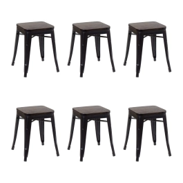Kit com 6 Banquetas baixas Iron Tolix com assento de madeira rústica escura - Preto