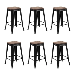 Kit com 6 Banquetas Iron Tolix com assento de madeira rústica escura - 66 cm - Preto