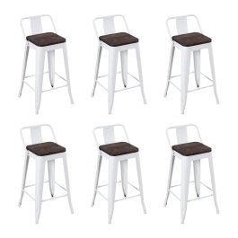 Kit com 6 Banquetas Iron Tolix com encosto e assento de madeira rústica escura Kit 66 cm Kit Branco