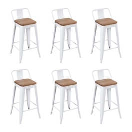 Kit com 6 Banquetas médias Iron Tolix com encosto e assento de madeira rústica clara 66 cm - Branco