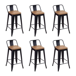 Kit com 6 Banquetas médias Iron Tolix com encosto e assento de madeira rústica clara 66 cm - Preto