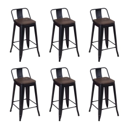 Kit com 6 Banquetas médias Iron Tolix com encosto e assento de madeira rústica escura 66 cm - Preto