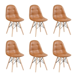 Kit com 6 Cadeiras de jantar Charles Eames Eiffel Botonê Estofada - Marrom caramelo