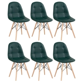 Kit com 6 Cadeiras de jantar Charles Eames Eiffel Botonê Estofada - Verde escuro