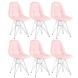 Kit com 6 Cadeiras estofadas Charles Eames Eiffel Botonê DKR com pés de metal cromado - Rosa claro Kit com 6 Cadeiras estofadas Charles Eames Eiffel Botonê DKR com pés de metal cromado - Rosa claro
