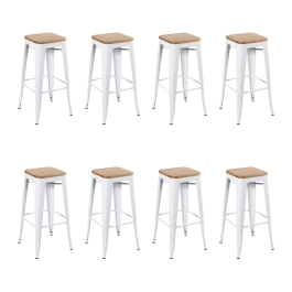 Kit com 8 Banquetas altas Iron Tolix com assento de madeira rústica clara 76 cm - Branco