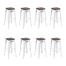 Kit com 8 Banquetas altas Iron Tolix com assento de madeira rústica escura - 76 cm - Branco