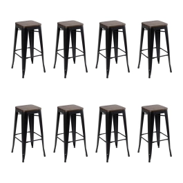 Kit com 8 Banquetas altas Iron Tolix com assento de madeira rústica escura - 76 cm - Preto