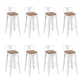 Kit com 8 Banquetas altas Iron Tolix com encosto e assento de madeira rústica clara 76 cm - Branco