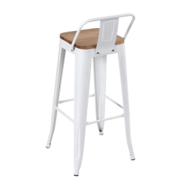 Kit com 8 Banquetas altas Iron Tolix com encosto e assento de madeira rústica clara 76 cm - Branco Kit com 8 Banquetas altas Iron Tolix com encosto e assento de madeira rústica clara 76 cm - Branco