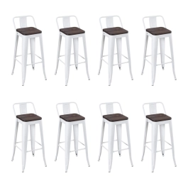 Kit com 8 Banquetas altas Iron Tolix com encosto e assento de madeira rústica escura - Branco