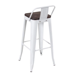 Kit com 8 Banquetas altas Iron Tolix com encosto e assento de madeira rústica escura - Branco Kit com 8 Banquetas altas Iron Tolix com encosto e assento de madeira rústica escura - Branco