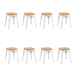 Kit com 8 Banquetas baixas Iron Tolix com assento de madeira rústica clara 45 cm - Branco