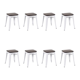 Kit com 8 Banquetas baixas Iron Tolix com assento de madeira rústica escura - Branco