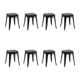 Kit com 8 Banquetas baixas Iron Tolix com assento de madeira rústica escura - Preto